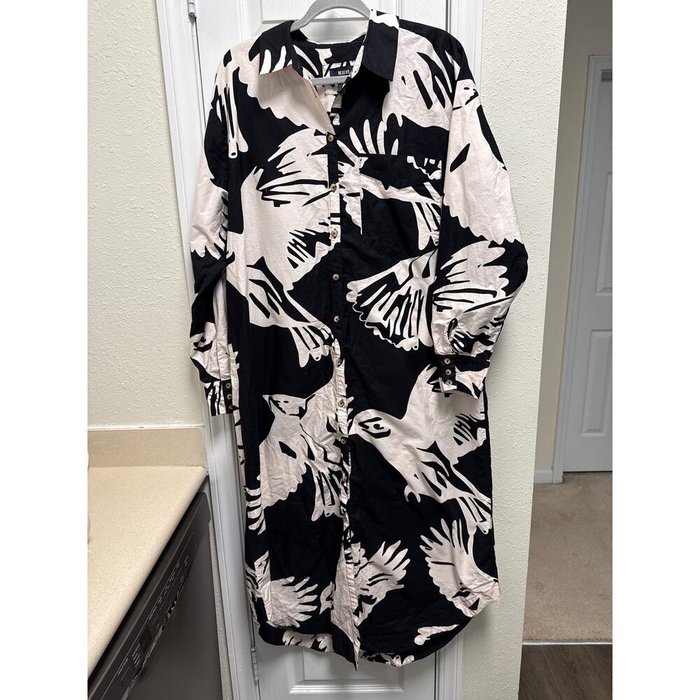 Anthropologie Maeve Boho Long Sleeve Maxi Shirt Dress Bird Print Resort Size XL - Picture 3 of 6
